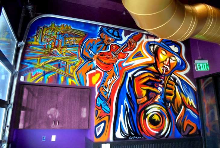 Mellow Mushroom restaurant mural commission by Corey Barksdale in Richmond, Virginia