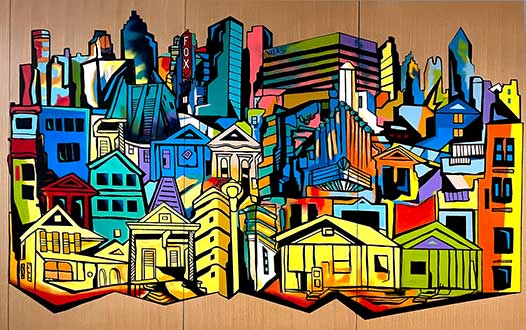 Urban mural painting detail by Corey Barksdale, Midtown Atlanta Visa Building, 12th Street