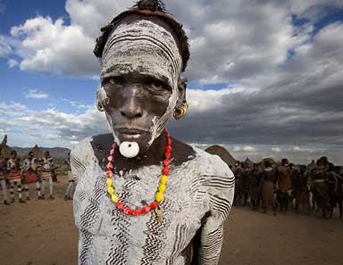 Close-up of traditional African tribal face paint patterns