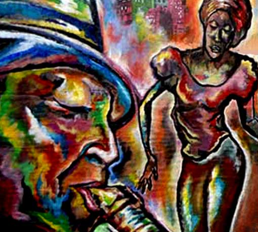 Expressive painting of an elder's face and a standing figure in layered reds, blues, and greens