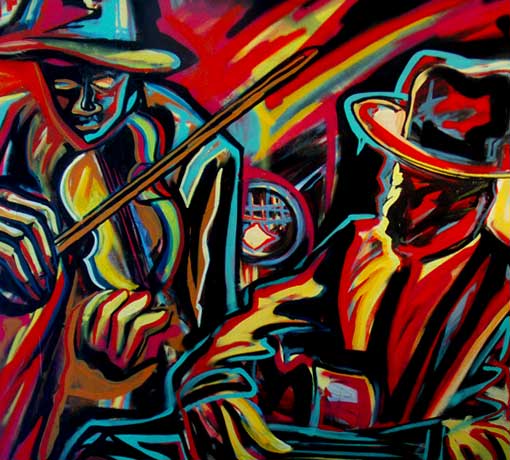 Expressionist painting of two jazz musicians in hats playing in a red and gold palette