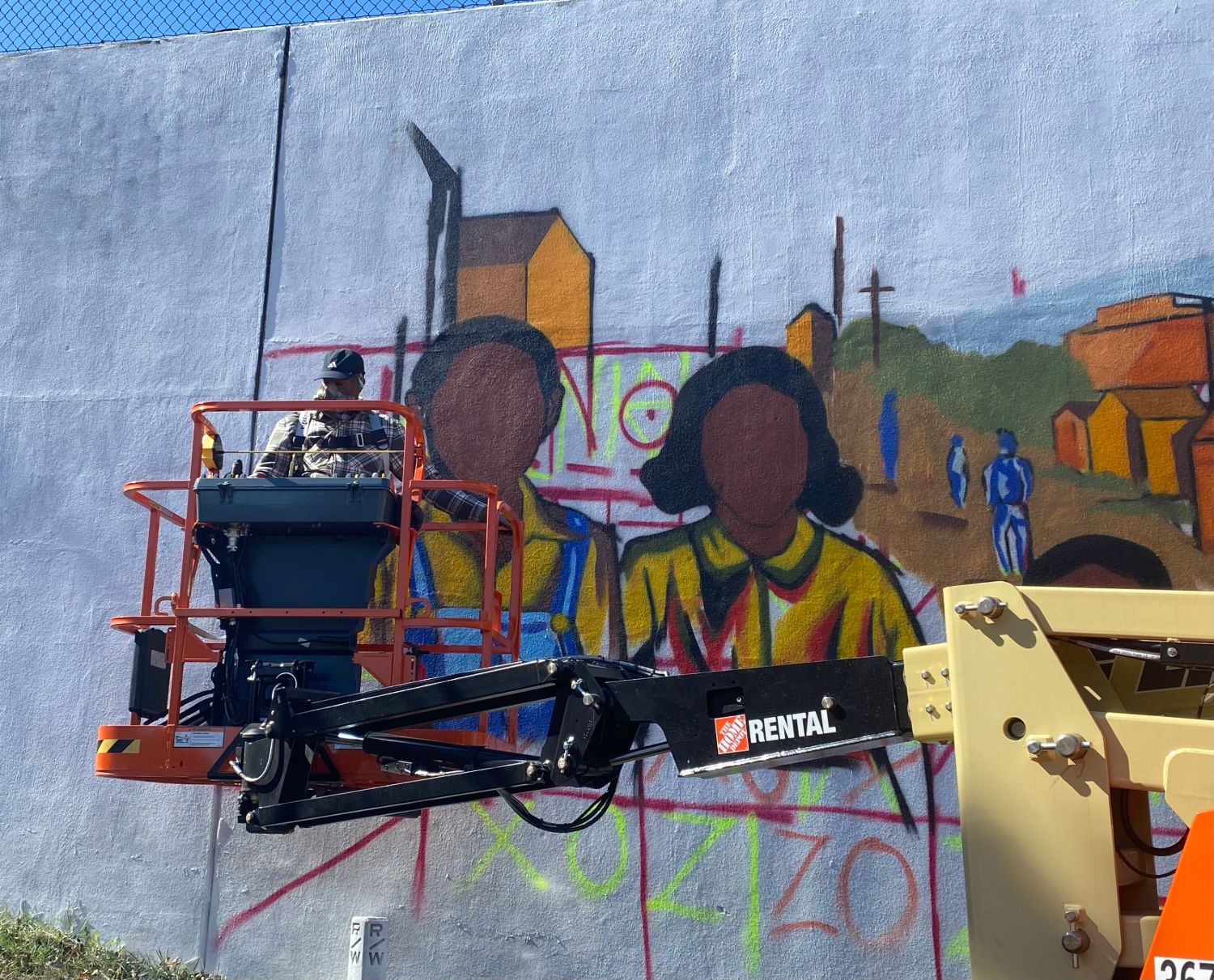 Detail of outlined figures and house sketch in progress, Blandtown mural by Corey Barksdale