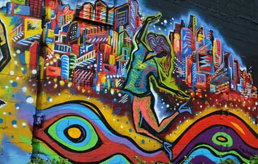 Urban utopia environment street art painting by Corey Barksdale, Rockford, Illinois